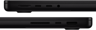 Porty MacBooku Pro – levá strana: MagSafe 3, dva porty Thunderbolt, sluchátkový konektor – pravá strana: slot na karty SDXC, jeden port Thunderbolt, HDMI